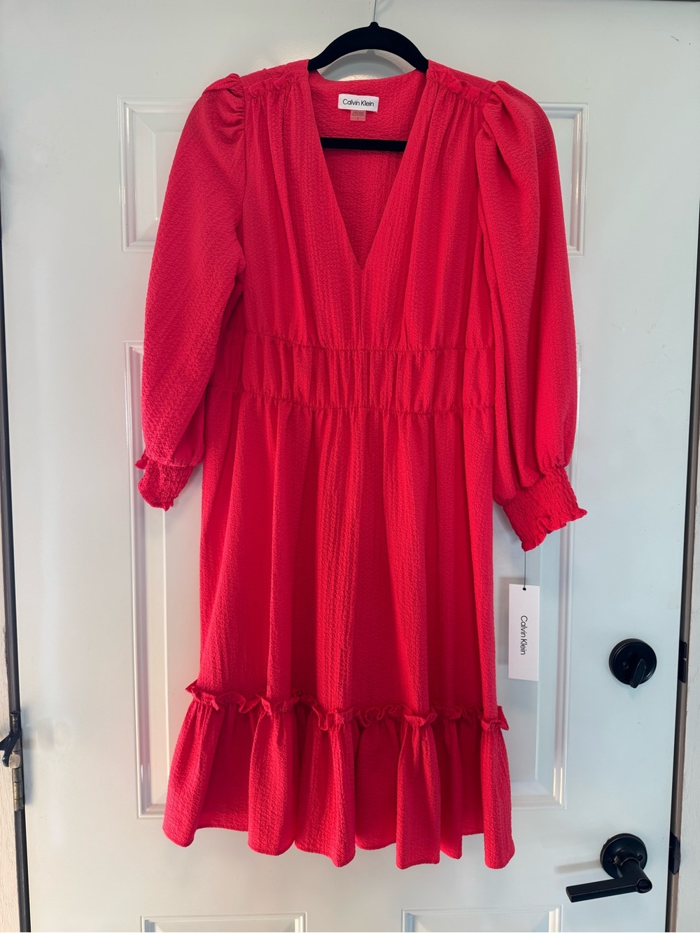Calvin Klein Hot Pink V-Neck Ruffle-Hem Long Sleeve Dress
